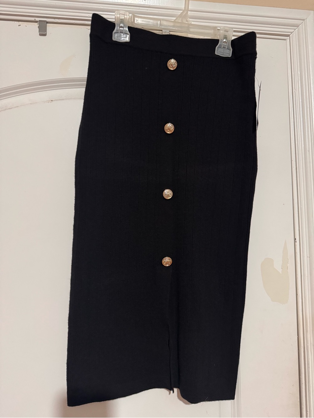 sofia by sofia vergara Black Ribbed Midi Skirt with Gold Buttons